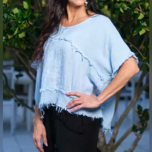 Tina Stephens Linen Blend Patched Tee With Frayed Seams In Blue Size M/L - Picture 1 of 8